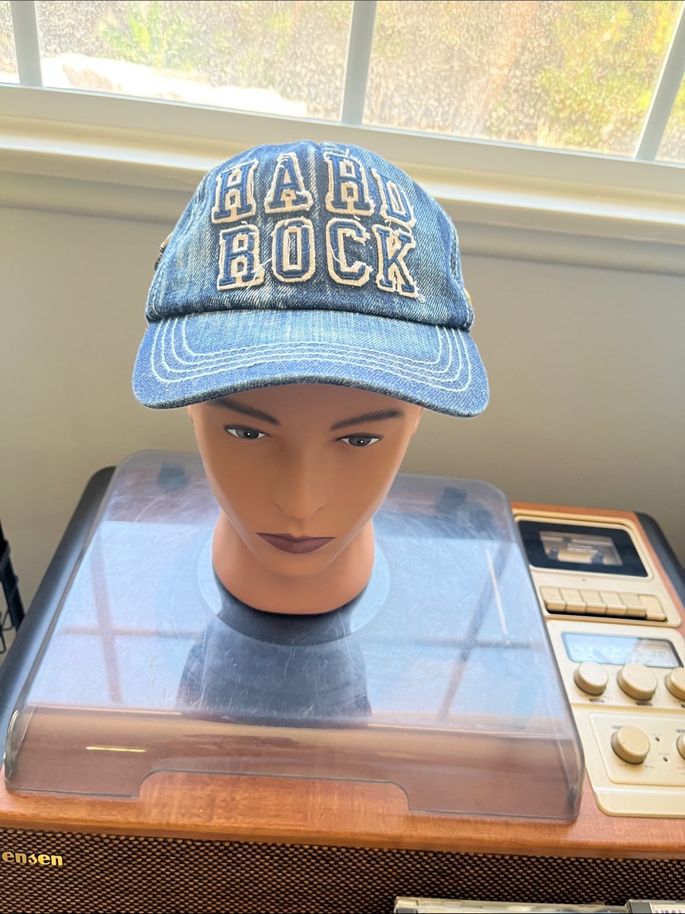 Hard Rock Cafe Denim Cap in Faded Blue with White Stitching w two pins!